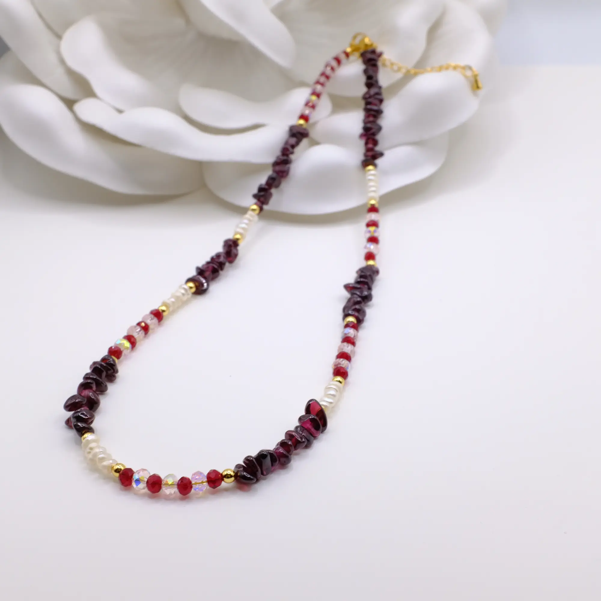 Raw Garnet Gemstone necklace with freshwater pearls and 14k gold beads January Birthstone Necklace