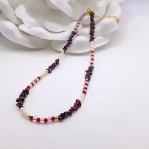 Raw Garnet Gemstone necklace with freshwater pearls and 14k gold beads January Birthstone Necklace