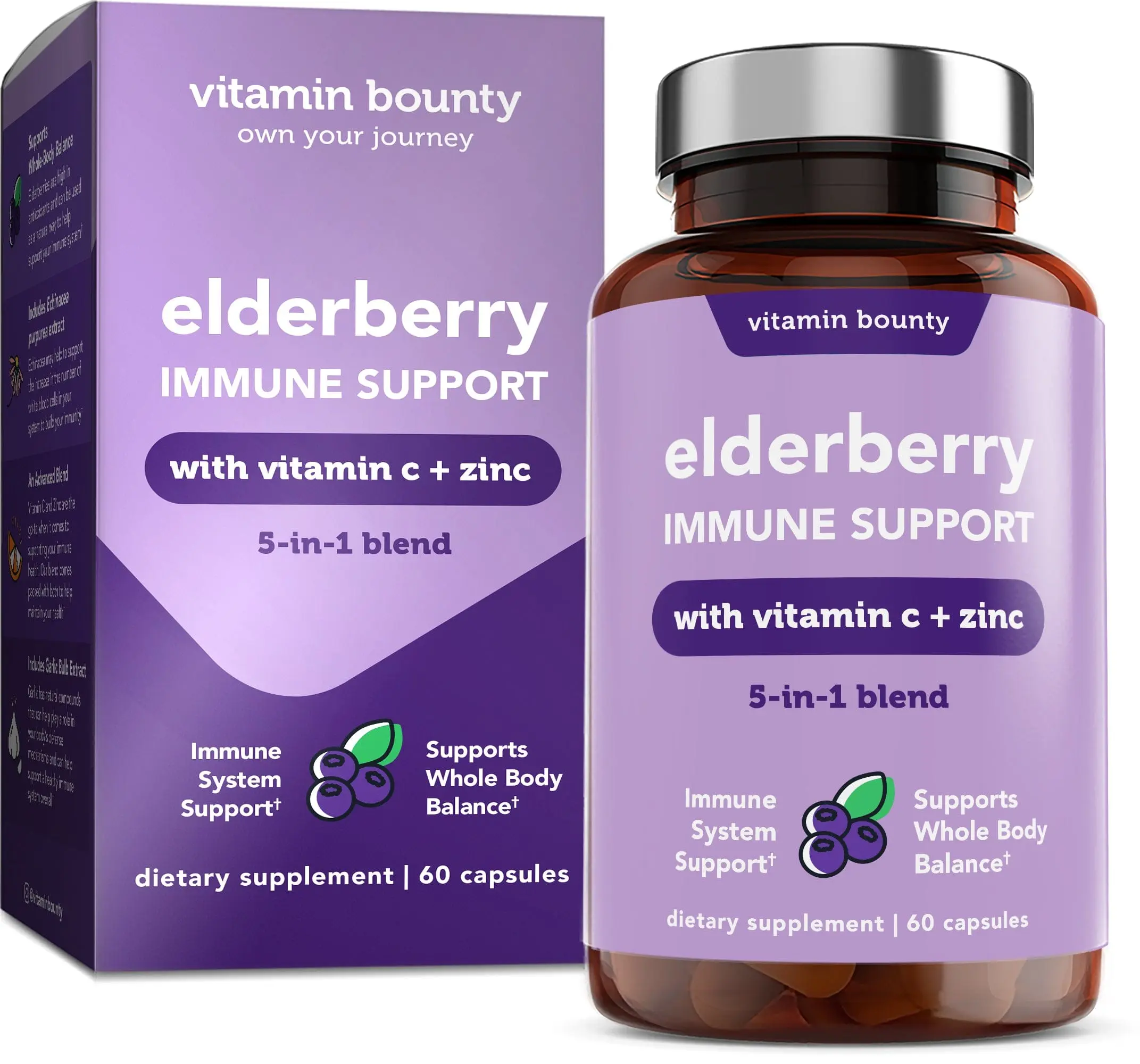Vitamin Bounty Elderberry Immune Support Dietary Supplement - 5-in-1 Advanced Wellness Blend with Elderberry, Zinc, Vitamin C, Echinacea, Antioxidants - 60 Capsules (2 Pack) for Healthy Living