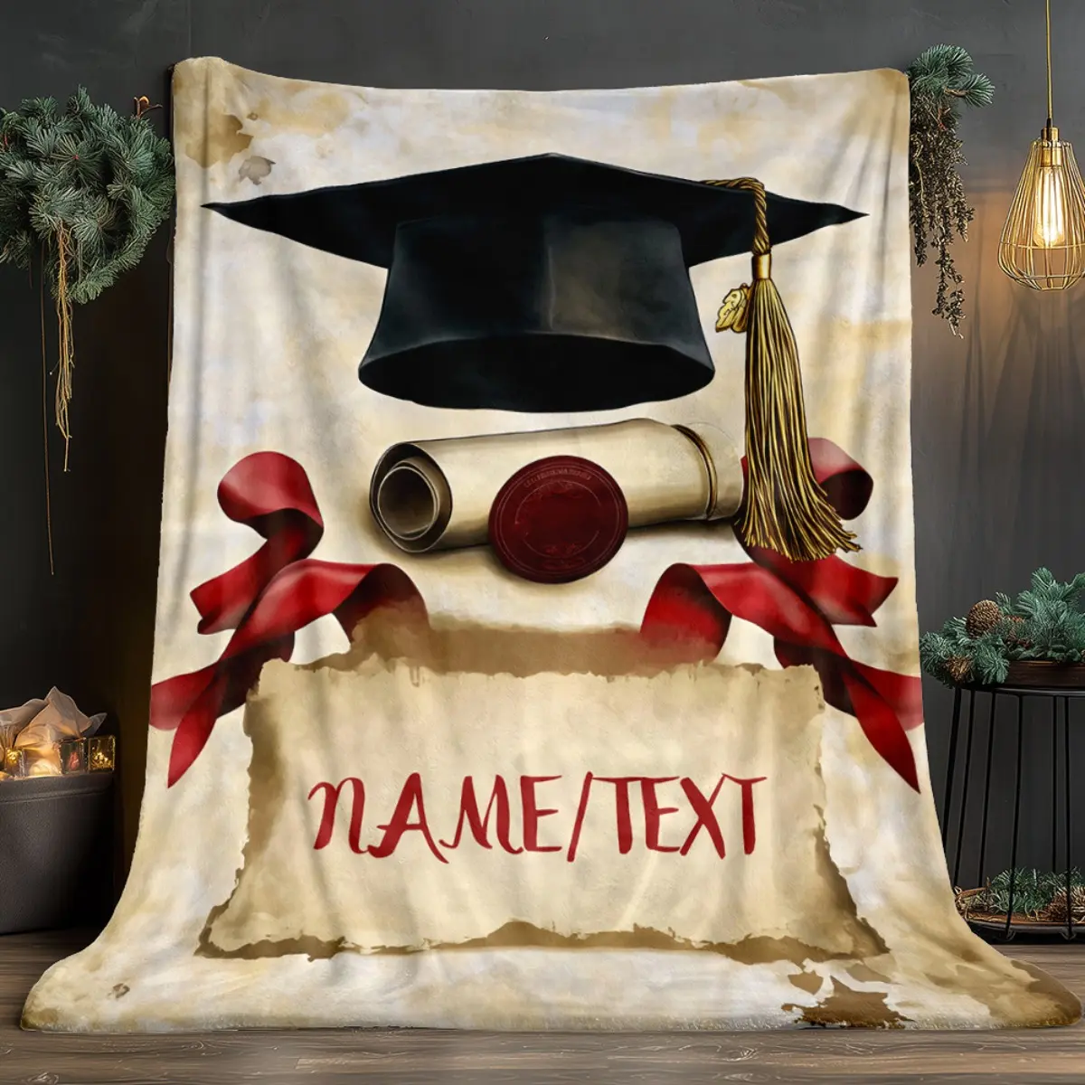 Customized Graduation & Diploma Print Flannel Blanket - Multi-Size, 1-Piece, Soft Warm Bedspread with Custom Name & Date, Flat Pattern, Suitable for Travel, Ideal Gift for Graduates