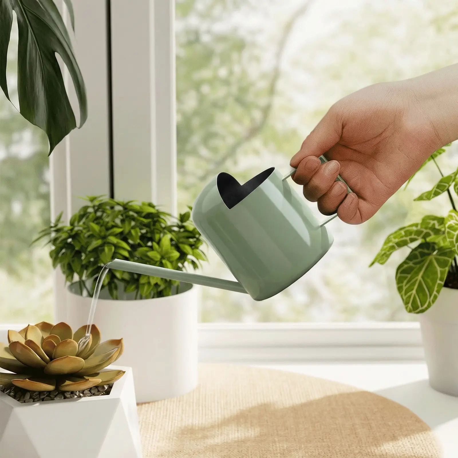 Bamworld 10oz (300ml) Stainless Steel Small Watering Can, Long Spout, Extended Handle, Avocado Green Gardening Decoration for Indoor House Plants & Outdoor Gardens