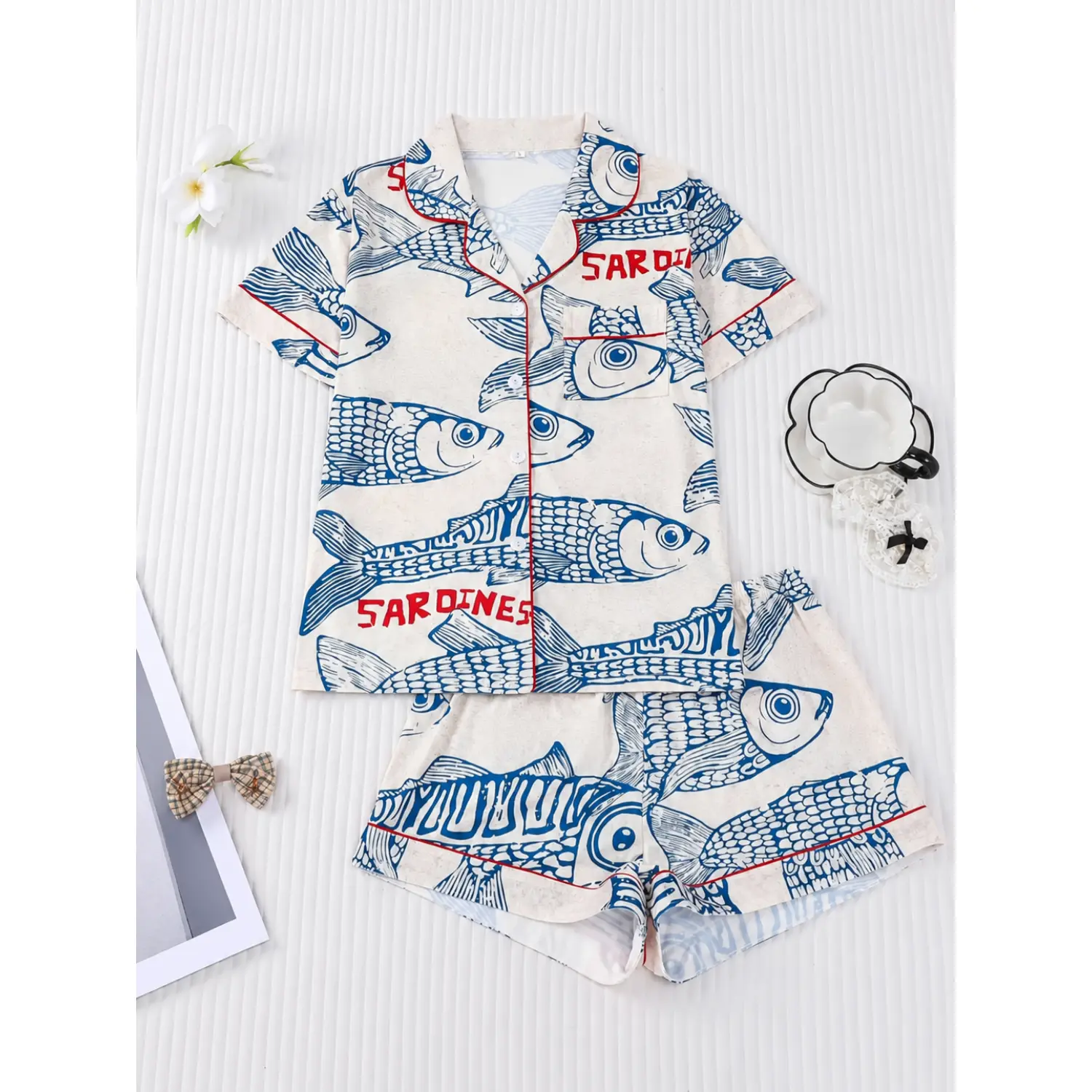 Women's Soft Sleepwear Set: Short-Sleeve Button-Up Top & Elastic Shorts – Printed Pajamas for Casual and Daily Home Wear