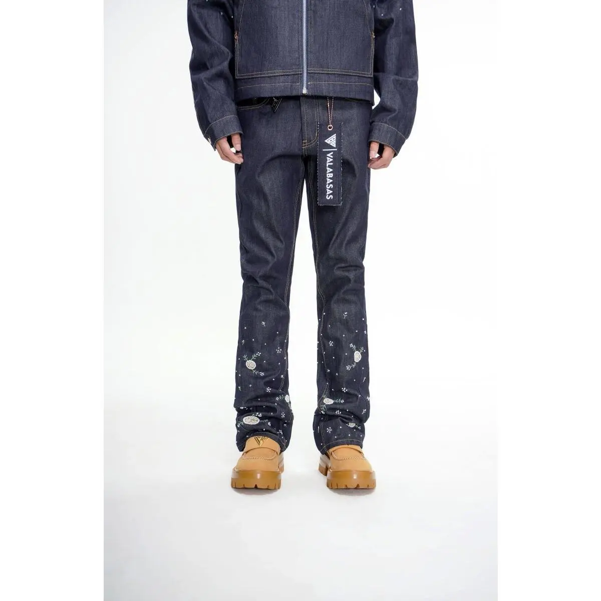 Men's Stacked-Cut Denim Jeans - Menswear Dandelion Floral Print Full-Length Streetwear Casual Pants