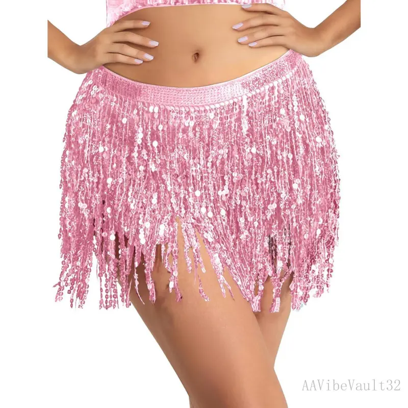 Free shipping/3p Sequin Tassel Skirt Belly Dance Hip Scarf Wrap Sparkly Tinsel Fringe Skirt Rave Festival Halloween for WomenAAVibeVault32