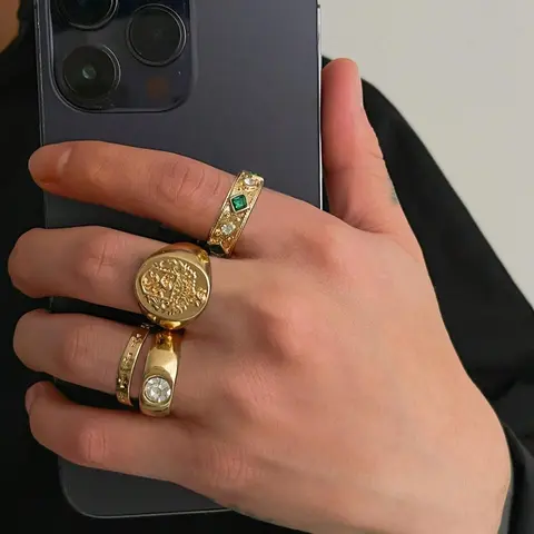 Men's Luxury Fashion Geometric Diamond Rings Set, Vintage Punk Cross Design Metal Jewelry, All Seasons Business Style, Beautiful Rings