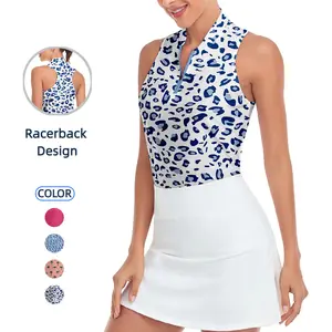 Soneven Blue Leopard Print Quarterzip Sleeveless Golf Polo Shirt For Women UPF50+ Sun Protection Slim Fit Sportswear - Fitness Top Zip Front Tops Tennis Attire