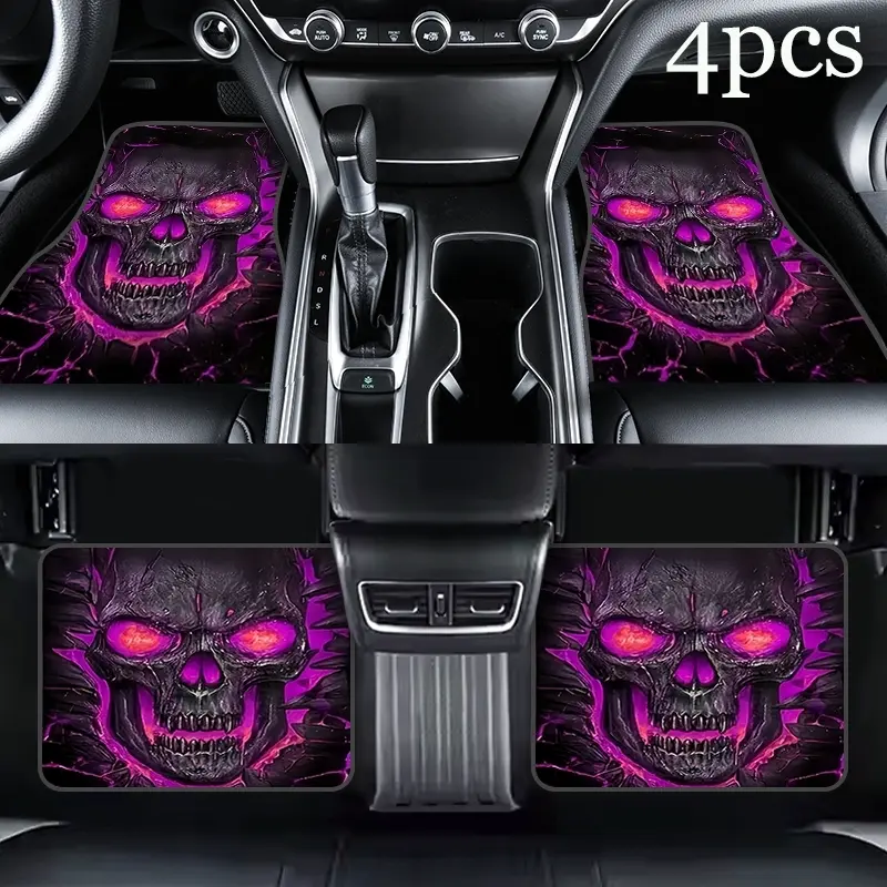 Cool Lava Skull Pattern Universal Automotive Car Floor Mats, 4pcs Set, Car Interior Accessory, Non-Slip Design for Front & Rear Seats, Durable Car Accessories