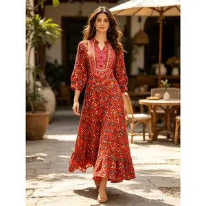 Women's Soft Lightweight Delicate Embroidered A-Line Waist Cinch 3/4 Sleeve Dress, Versatile Breathable Fabric Boho Ethnic Style for Casual Vacation, Slimming Artistic Pattern Outfit