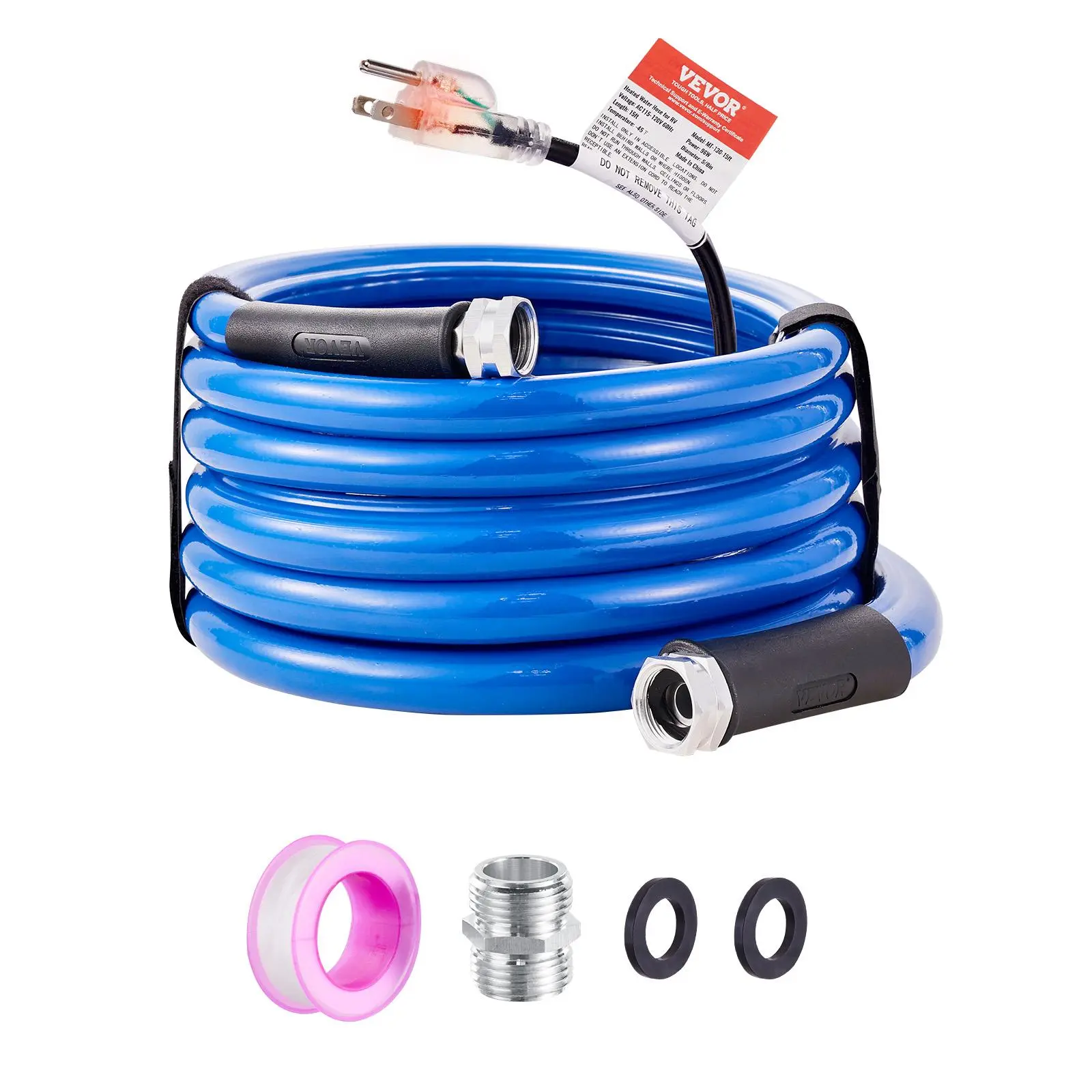VEVOR 15ft Heated Water Hose for RV, Heated Drinking Water Hose Antifreeze to -45°F, Automatic Self-regulating, 5/8" I.D. with 3/4" GHT Adapter, Lead and BPA Free