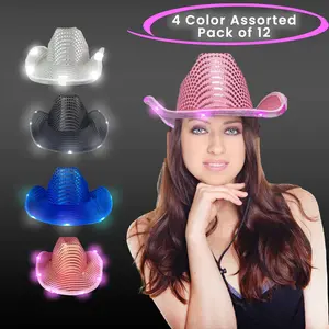 LED Light Up Flashing Cowboy Sequin Hats - 4 Colors Assorted Pack of 12 Hats