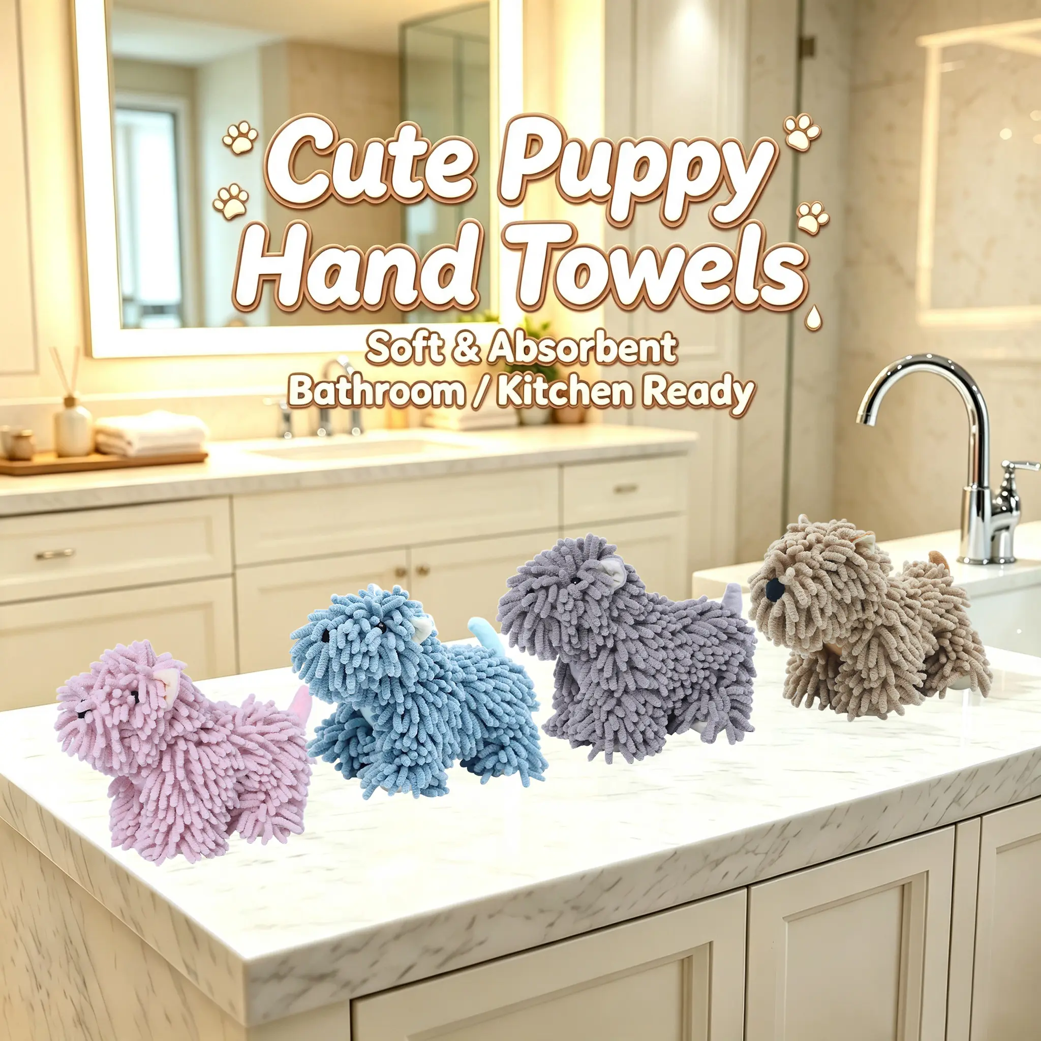 Cute Puppy Chenille Hand Towels, Cute Dog Hand Towels, Bath Towel,So soft and super absorbent,Super Absorbent Hanging Hand Drying Towel, Kawaii Puppy Decor for Bathroom Kitchen, Fun Home Gadget,Home Decor for Bathroom & Kitchen, Pet Lover Gift