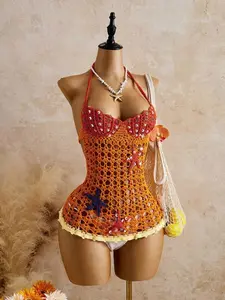 COCOMAY Women's Hollow Out Sequin Decorated Knit Cover Up For Beach/Resort