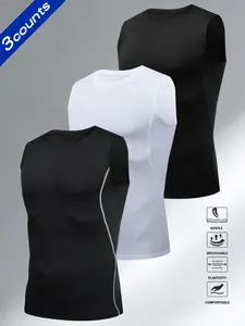 Men's Sports Compression Tank Top, 3 Pack Sleeveless Basketball Shirt, Moisture Wicking Elastic Wide Shoulder Breathable Base Layer, Fitness Workout Vest