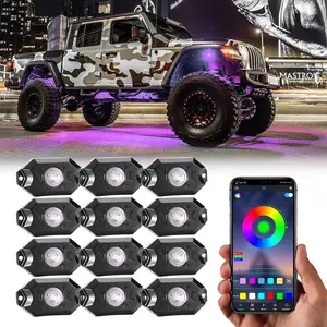 RGB LED Rock Lights Kit 12 pods Underglow Multicolor Neon Light Pod with Bluetooth App Control Timing Function Flashing Music Mode IP68 Exterior Wheel Well Light for ATV UTV