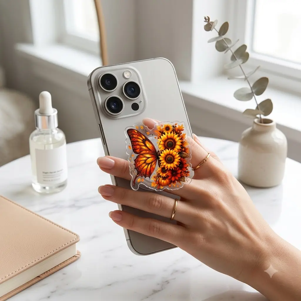 Fall Butterfly Phone Grip, Autumn Floral Wing Mobile Stand, Aesthetic Botanical Phone Holder, Cozy Fall Gift For Her