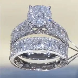 Shineofdiamond Cluster Setting Engagement Ring Set Round Cut Wedding Ring Set Luxury Artificial Diamond Jewelry Gift Vintage Style