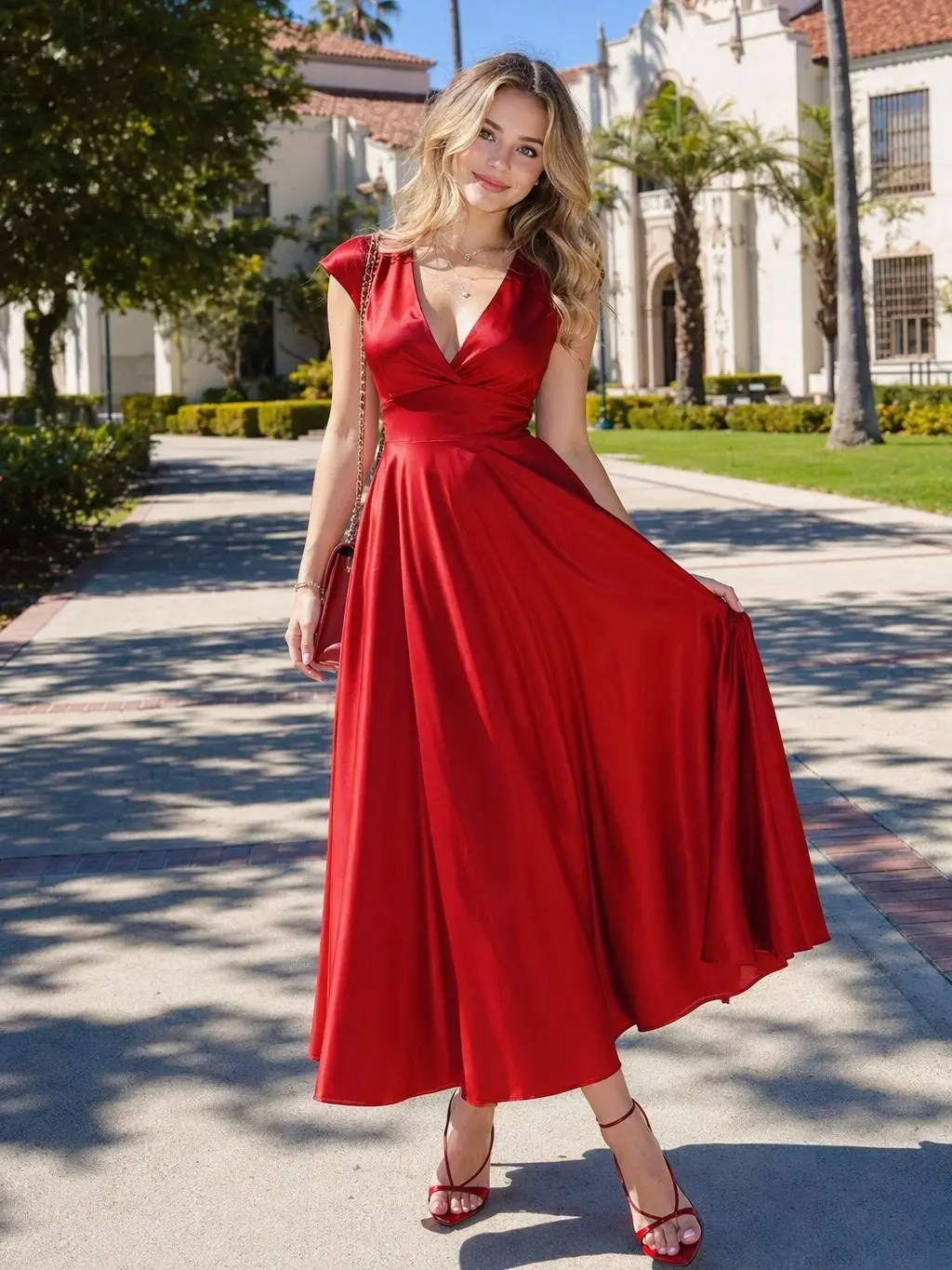 Red 1930s Solid Deep V-Neck Satin Dress Graduation dress prom girlsummer dresses vacation outfits Wedding Guest Dress Fall Wedding Guest Outfit BackToSchool
