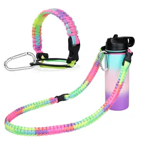 Paracord Handle with Shoulder Strap - Fits Wide Mouth Water Bottles 12oz to 64oz - Durable Carrier, Water Bottle Handle Strap with Safety Ring, Compass and Carabiner
