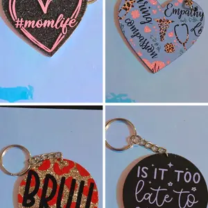 Acrylic Keychains Heart Round Rectangle Shaped with Unique Designs like #momlife and Empathy Compassion