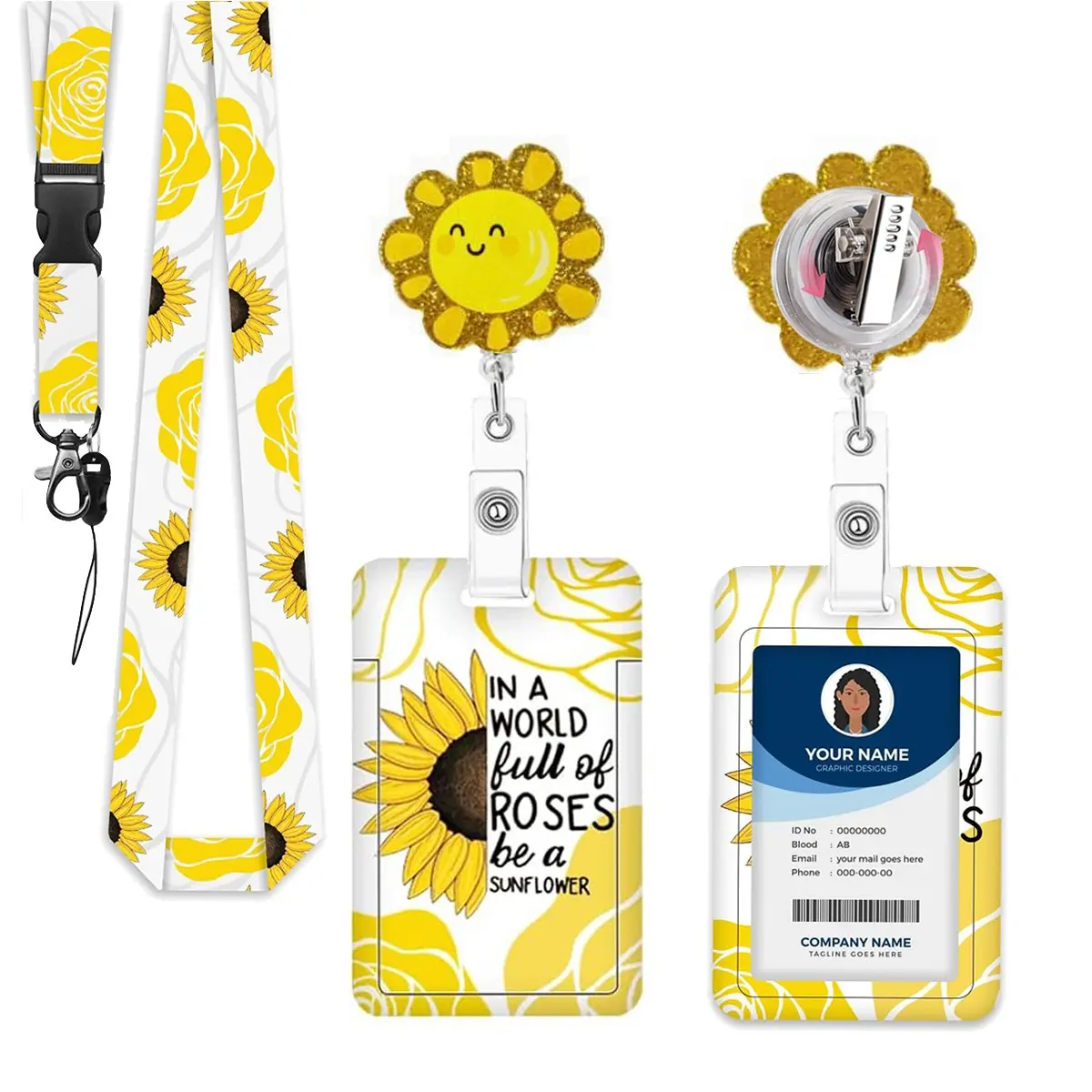 Sunflower ID Badge Holder Set, Expandable Badge Reel with Strap, Flashing Badge Stand, Detachable Phone Lanyard, ID Holder for Lanyard, Office Supplies