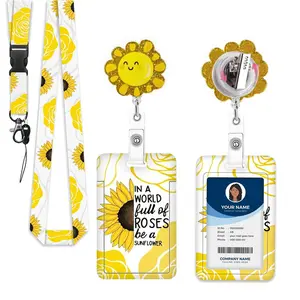 Sunflower ID Badge Holder Set, Expandable Badge Reel with Strap, Flashing Badge Stand, Detachable Phone Lanyard, Office Supplies