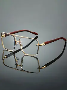Fashion Vintage Metal Dual Beam Glasses, Vintage Metal Frame Glasses, Unique Versatile Wood Texture Legs, Retro Style Eyewear, Anti-Blue Light Protection, Bluelight Glasses