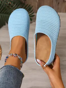 Bright Breathable Knit Mules, Mesh Hollow Out Slip-On Half Slippers, Casual Textile Upper, Spring & Fall Footwear
