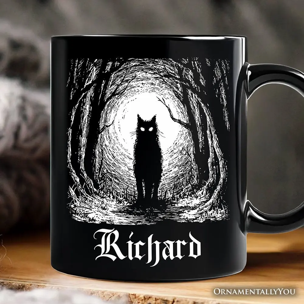 Haunted Forest Black Cat Personalized Mug, Spooky Halloween Night Gift with Custom Name