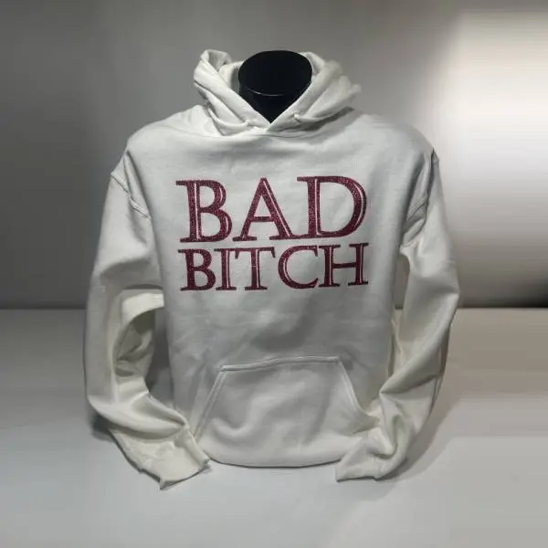 BAD BITCH - WHITE HOODIE WITH HOT PINK GLITTER