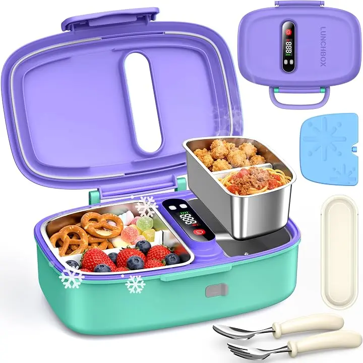 Portable Wireless Heated Lunch Box for Kids | Scheduled Heating & Warming / Cooling Ice Pack / Airtight & Leak-proof / Includes Cutlery & Divider | Designed for Boys and Girls, Purple