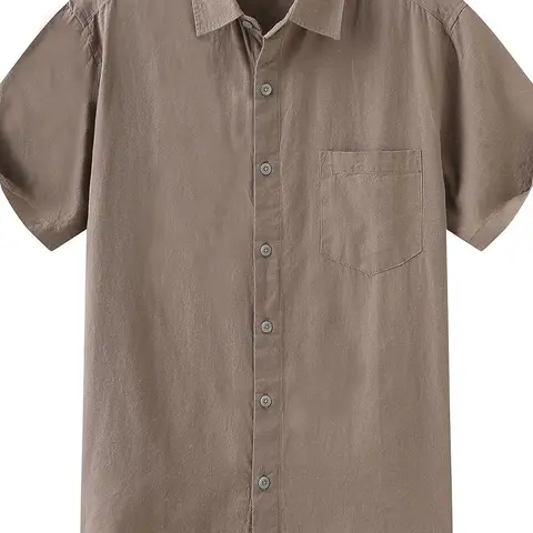 COEVALS CLUB Menswear Plain Beige Linen-Cotton Short-Sleeve Button-Down Shirt - Lightweight Breathable Clean Minimalist Men's Casual Top, Beach, All Occasions Use