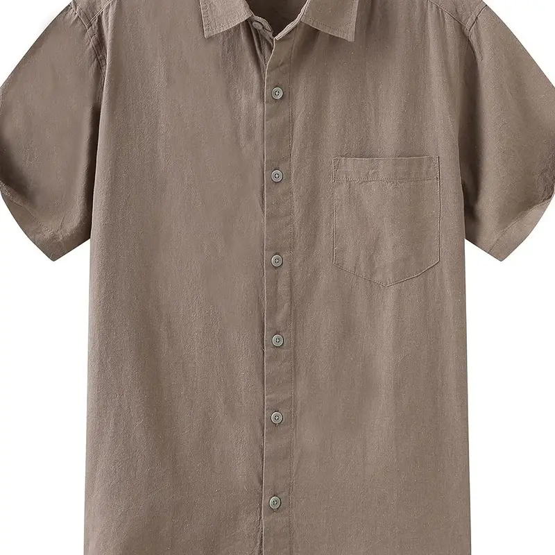 COEVALS CLUB Menswear Plain Beige Linen-Cotton Short-Sleeve Button-Down Shirt - Lightweight Breathable Clean Minimalist Men's Casual Top, Beach, All Occasions Use