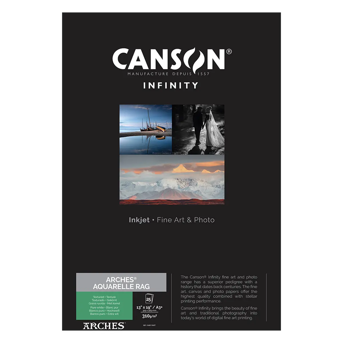 Canson Infinity ARCHES Aquarelle Rag Textured Matte Inkjet Paper, 310gsm, 13x19", 25 Sheets