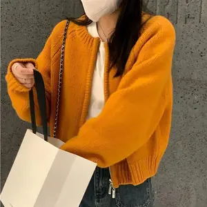 Women’s Autumn/Winter Short Knit Cardigan, Solid Color, Long Sleeve, Crew Neck, Casual Zip-Up Sweater Coat, 2025