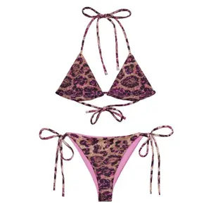 Pink Leopard Print String Bikini Set, Cheetah Print Pink Effects Bikini