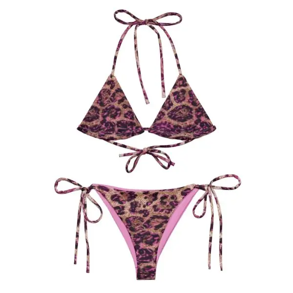 Pink Leopard Print String Bikini Set, Cheetah Print Pink Effects Bikini