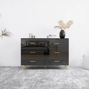 High Gloss 6-Drawer Storage Cabinet, Modern Minimalist Dresser with Golden Handles and Legs, Anti-Tip Sturdy Console Cabinet for Living Room Bedroom Hallway