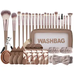 48PCS All-in-One Makeup Tools Set, Waterproof Zipper Cosmetic Bag, 20PCS Makeup Brushes, Multi-style Sponges, Various Powder Puffs, Hairband, Eyelash Curler & Cleaning Tool, Portable Travel Beauty Kit