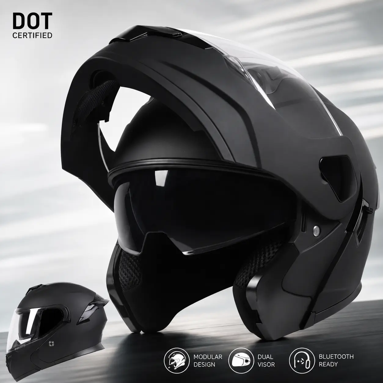 Adult Spark Modular ABS Bike Helmet - DOT Certified Safety Flip-Up Full Face with Dual Visor, Quick Release, Includes Gloves & Mask for Street Bike Riding Gear