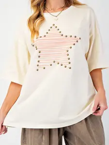 Women's T-Shirt with Studded Star Graphic, Casual Short Sleeve Cotton Jersey Top with Round Neck for Everyday Streetwear