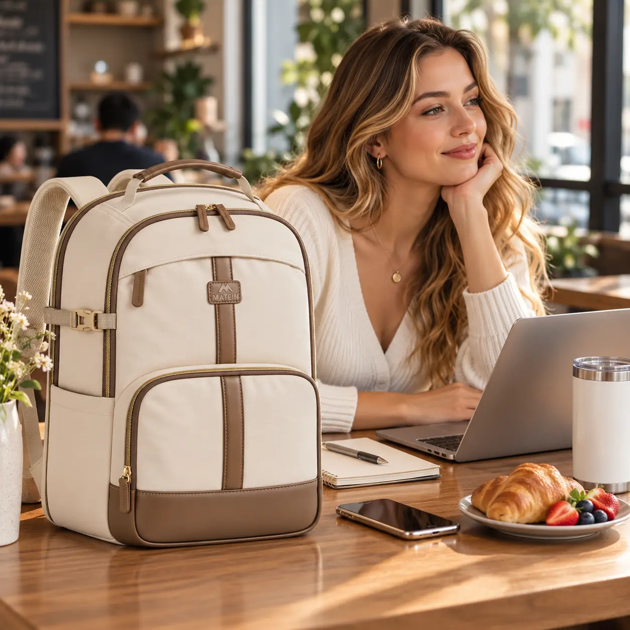MATEIN 2-in-1 Women’s Laptop Backpack with Detachable Laptop Sleeve & Stand, 15 Inch Work Backpack for Women, Teachers & College, Beige