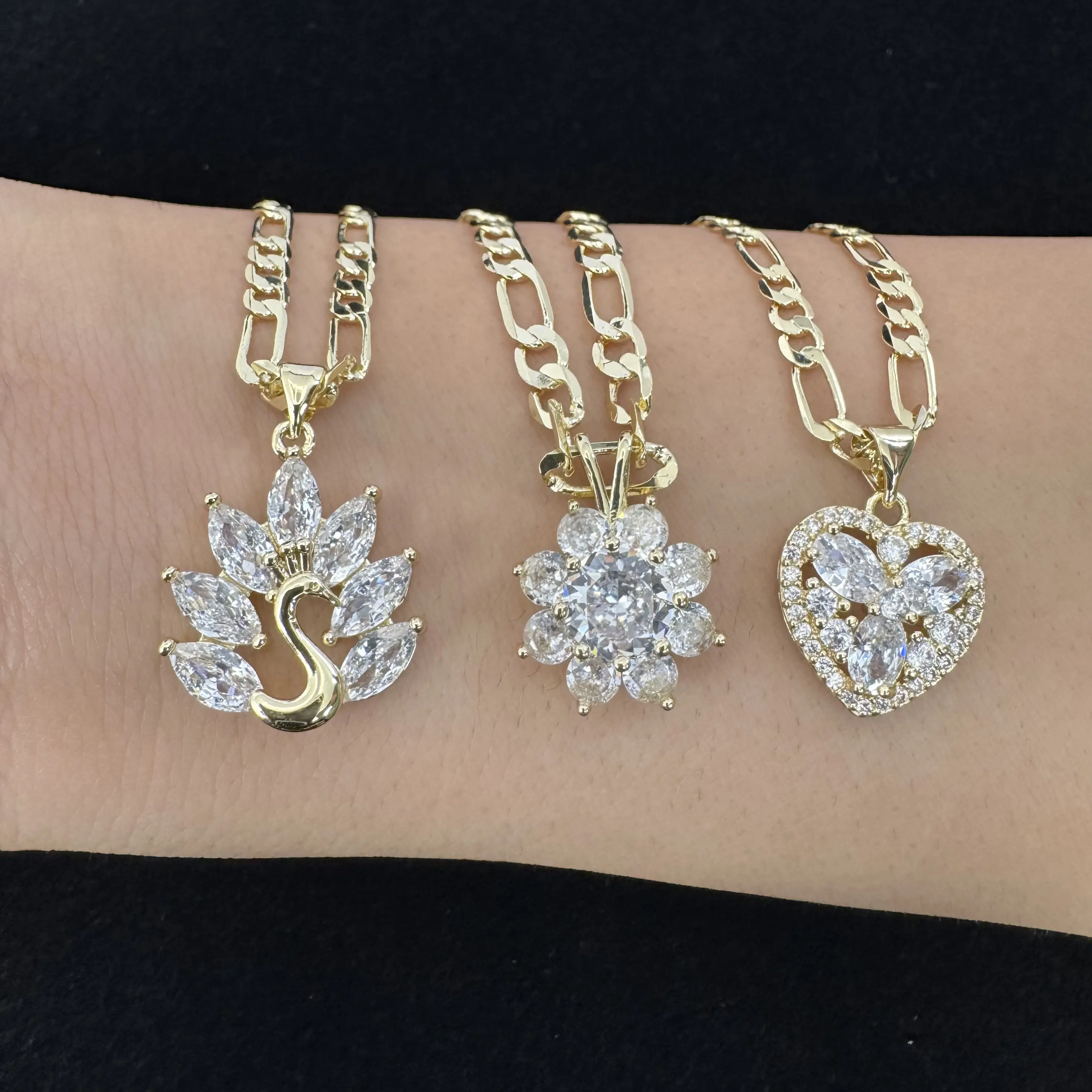 Crystal Zircon Swan Flower Hear Necklace 14k Gold Plated Gift For Her