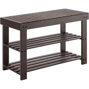 3-Tier Bamboo Shoe Rack Bench Entryway Organizer with Seat Front Door Storage Shelf for Shoes Bags Home Bedroom Living Room Mudroom Bench Seating Furniture Multi-Purpose Bamboo Organizer Small Space Storage Durable Sturdy Eco-Friendly Chestnut