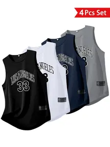 Men's Polyester Elastic Breathable Round Neck Sports Tank Tops, 4 Pack, Ideal for Gym Running Basketball Muscle Building