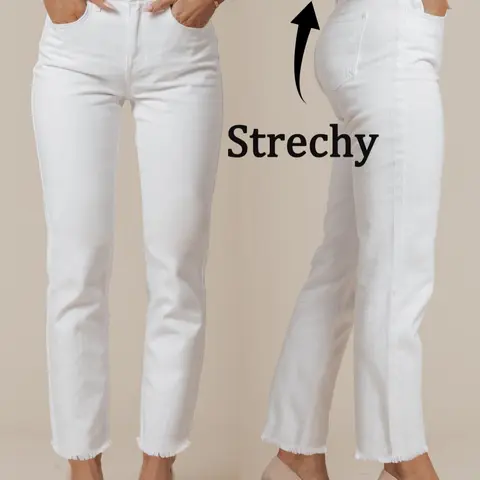 Women's Mid-Waist Straight Leg Jeans, Elastic Fitted Hem, Casual All-Season Long Pants, Premium Stretchy Jeans, Plain Surface, Unlined, Batch Number 20260727