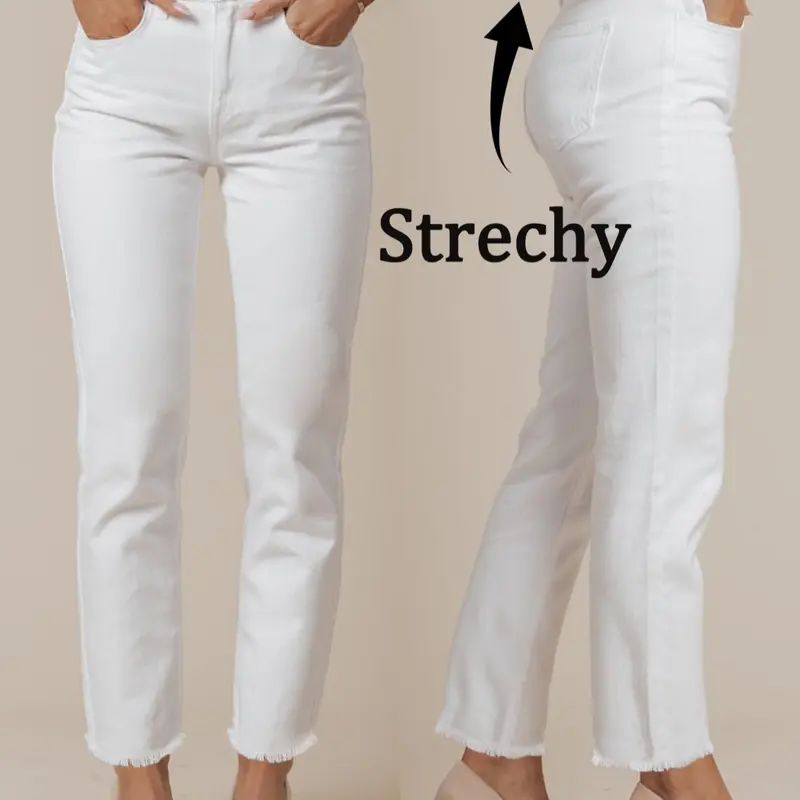 Women's Mid-Waist Straight Leg Jeans, Elastic Fitted Hem, Casual All-Season Long Pants, Premium Stretchy Jeans, Plain Surface, Unlined, Batch Number 20260727