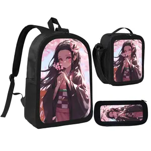 Demon Slayer Kimetsu no Yaiba Nezuko Collaboration Backpack Set Black Three Piece Student Backpack Pencil Case Lunch Bag for Fans