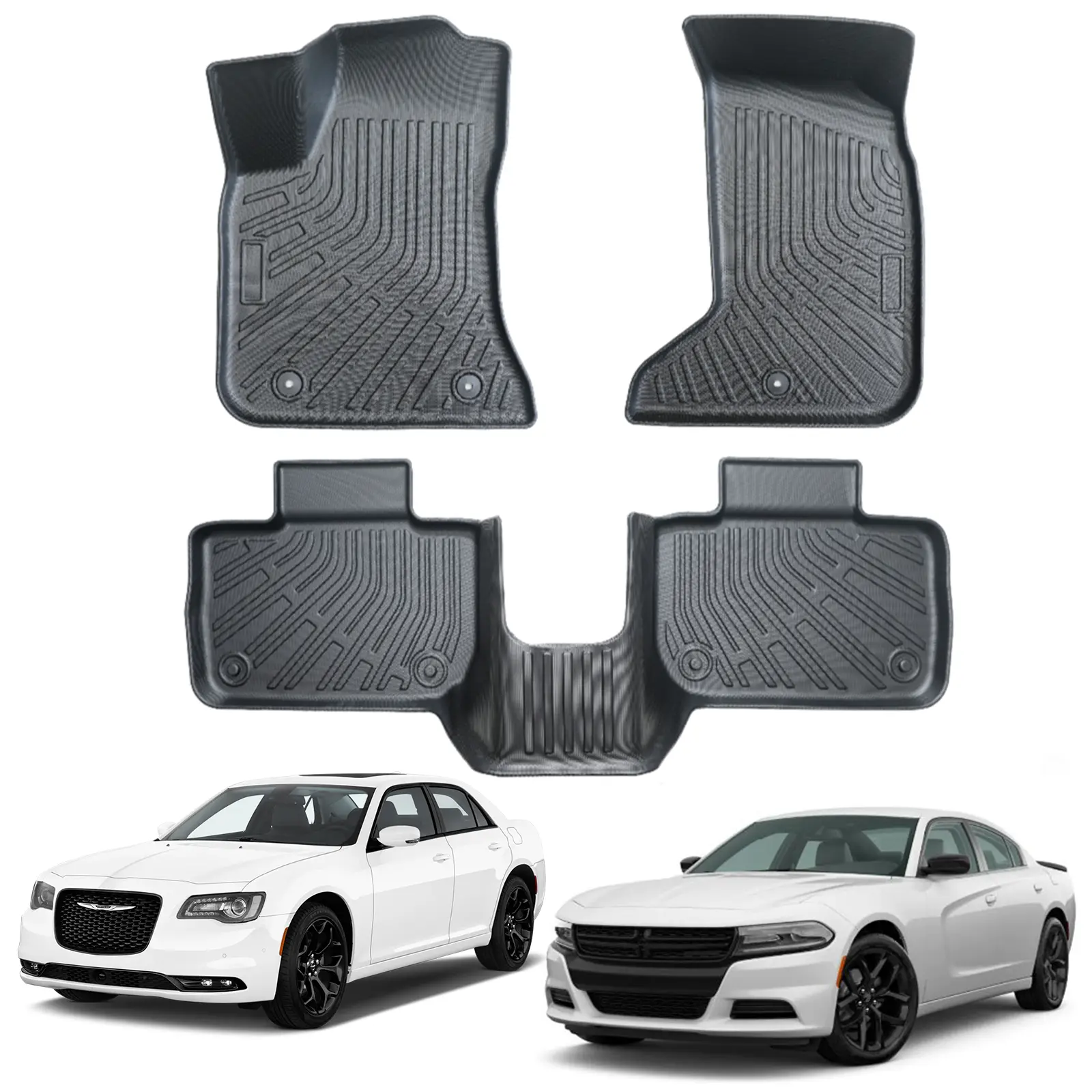 Canvcle Perfect Fit Car Floor Mats for 2011-2023 Dodge Charger AWD & Chrysler 300 AWD (Not RWD), All Weather TPE Heavy-Duty Front & 2nd Row Mats with 3D Edge, Easy to Clean Deep-Tread Protection, Anti-Skid Floor Mats, 3D Spill Edge Guard