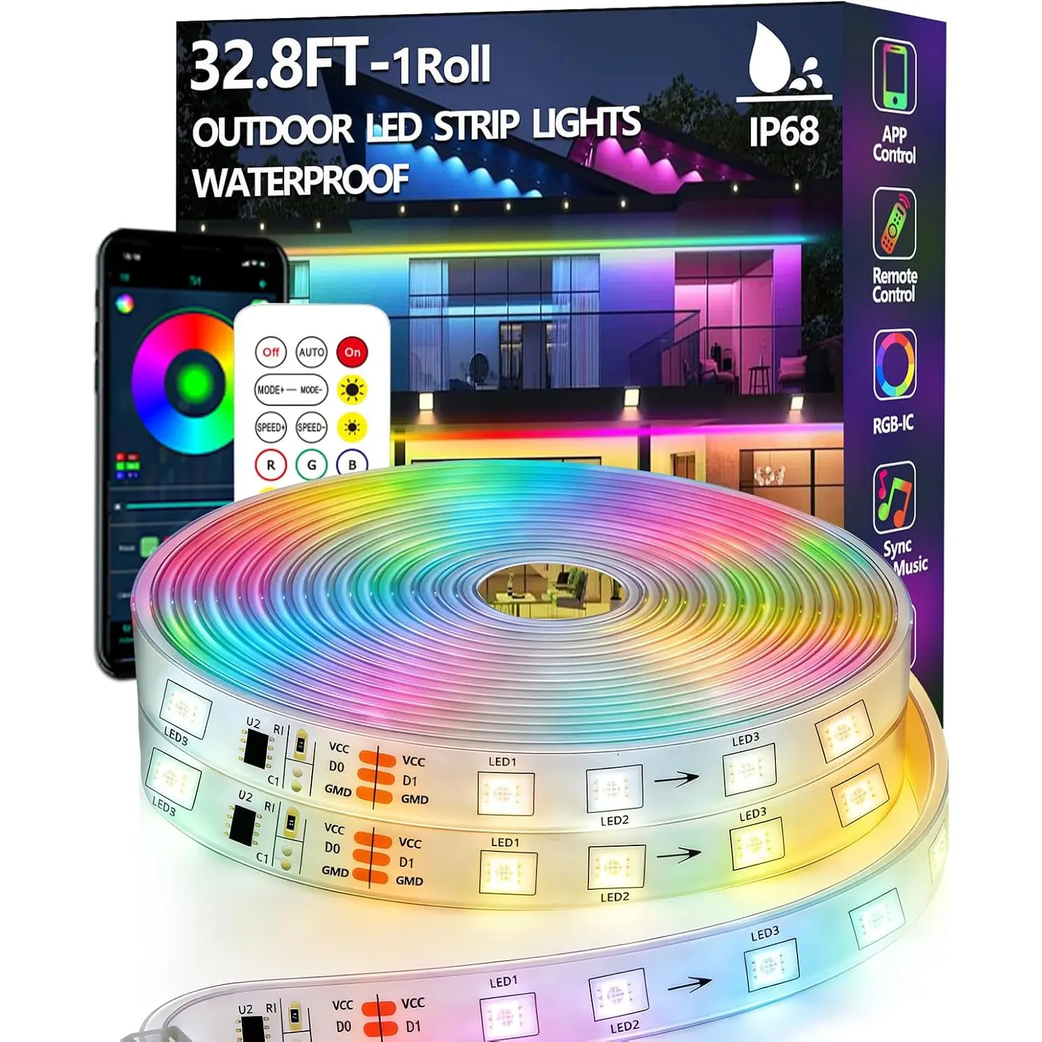 32.8FT Outdoor LED Strip Light Waterproof,IP68 Outside RGB+IC Light Strip with App/Remote Control,Chase Mode,Music Sync Light for Balcony,Deck,Rooftop,Garden,Pool