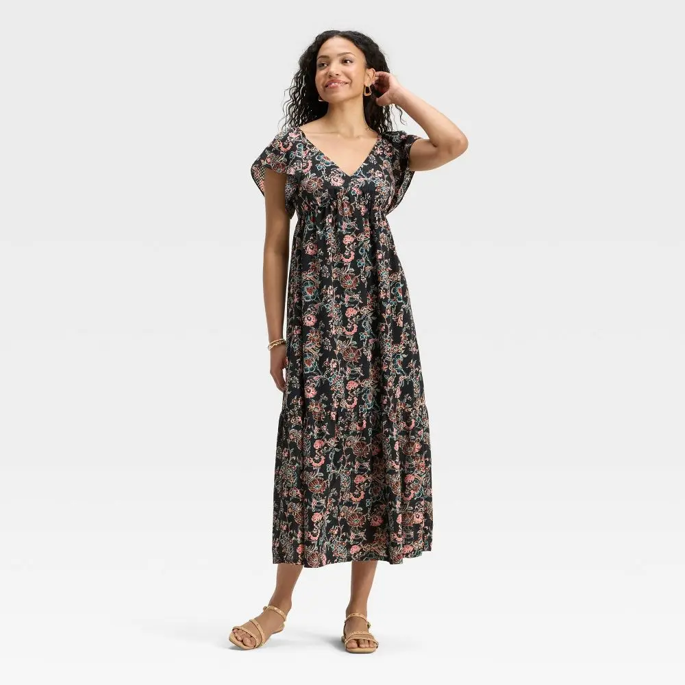 Women's Flutter Short Sleeve Maxi A-Line Dress - Universal Thread Black Floral XS